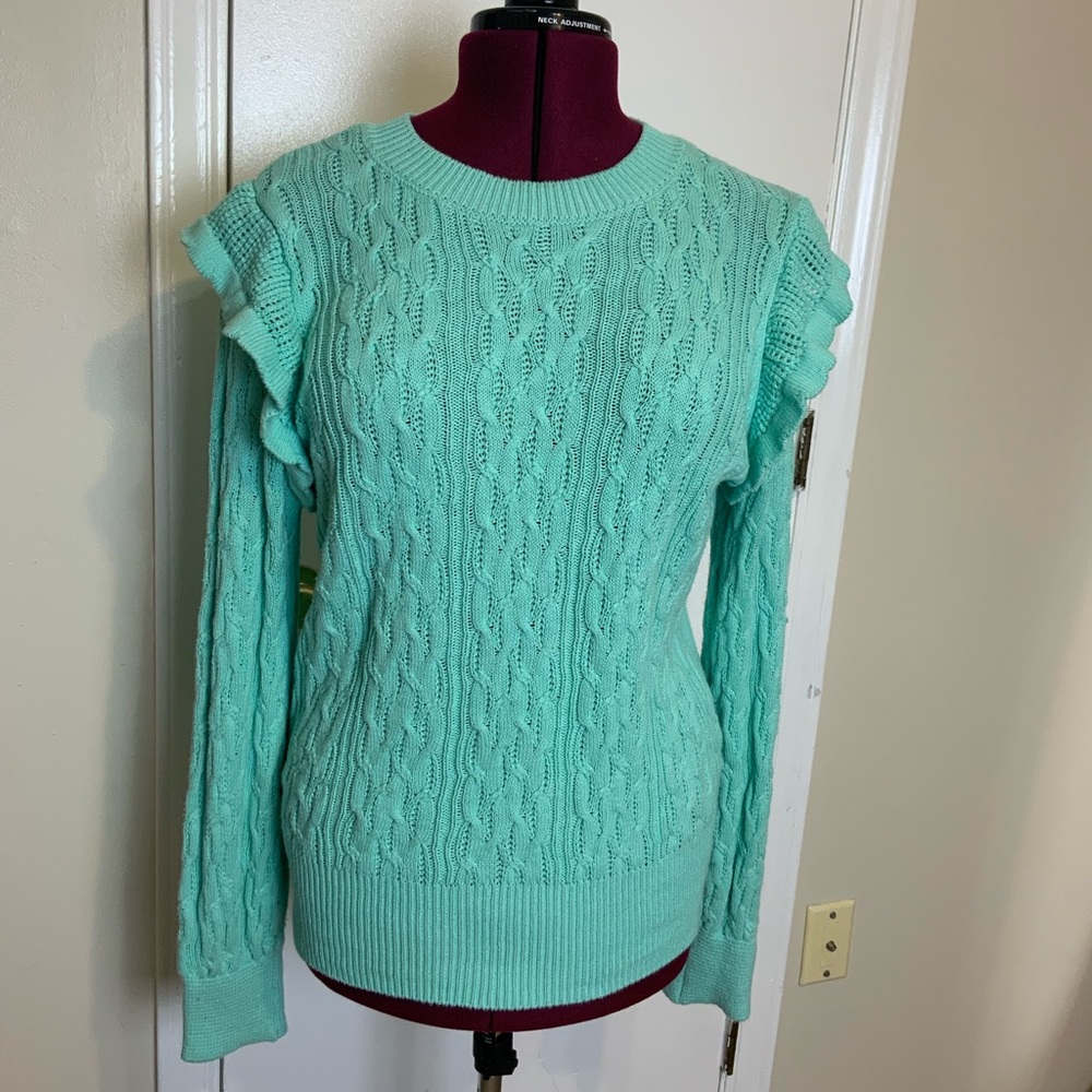 EUC Crown & Ivy Cable Knit Ruffle pullover Sweater Mint Green XL